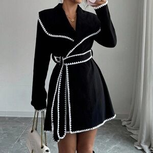 Solid Wide Collar Color block Belted jacket Coat
